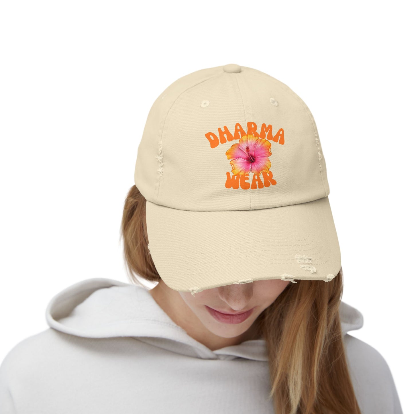 Unisex Distressed Cap with Hibiscus Design