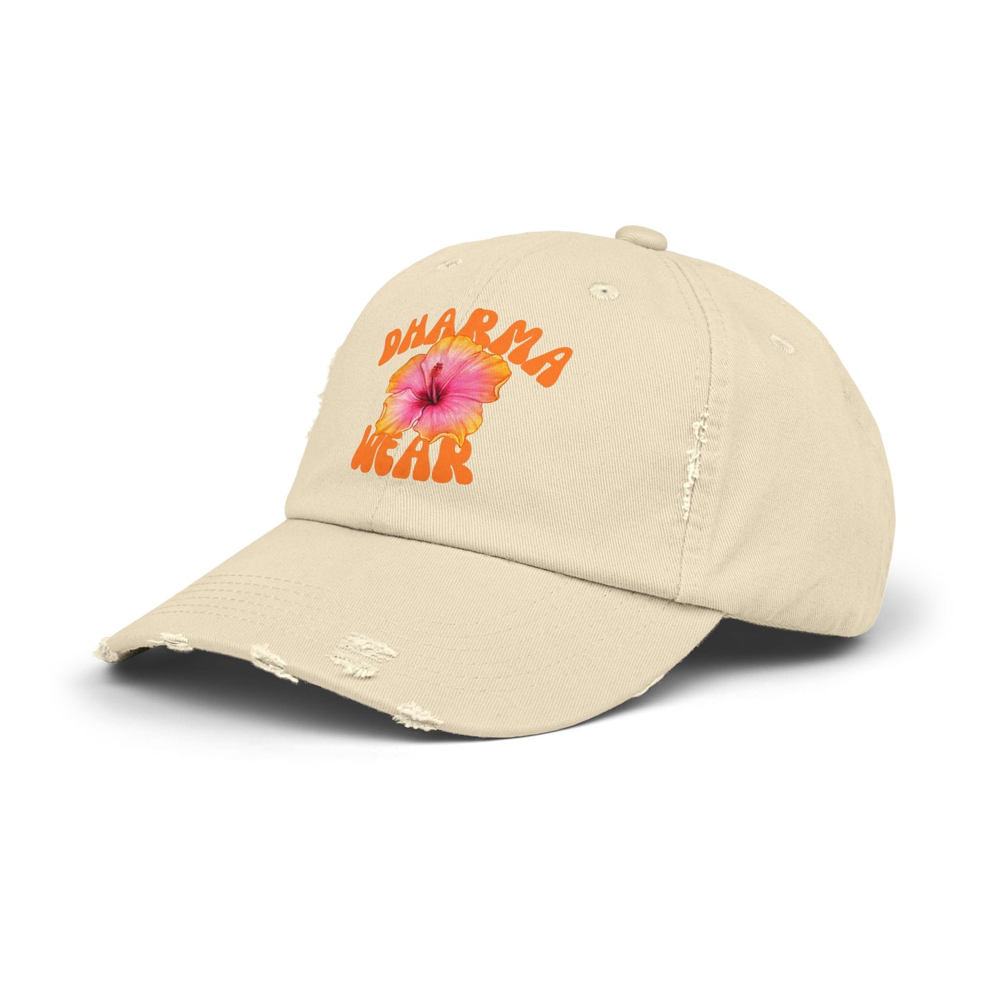 Unisex Distressed Cap with Hibiscus Design
