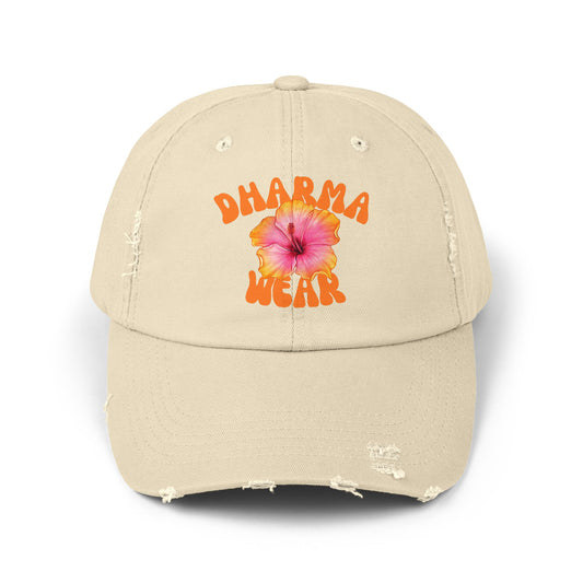 Unisex Distressed Cap with Hibiscus Design